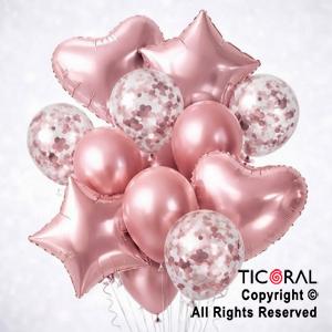 SET DE GLOBOS METALIZADOS ESTRELLA CORAZON CONFETI Y LATEX ROSA x 14 UNIDADES